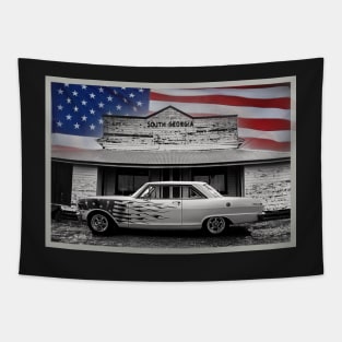 Classic Automobile in Black and White with American Flag Tapestry