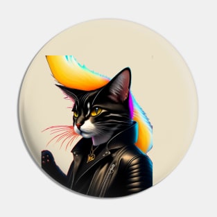 A cat wearing a leather jacket and a black jacket with a yellow tail. Pin