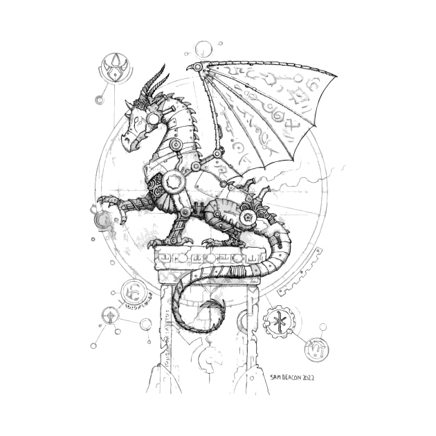 Steampunk Dragon (full composition - black lineart) by SamDeaconArt