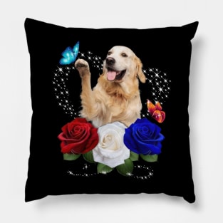 Golden Retriever Butterfly Red Blue White Rose Independence Day Pillow