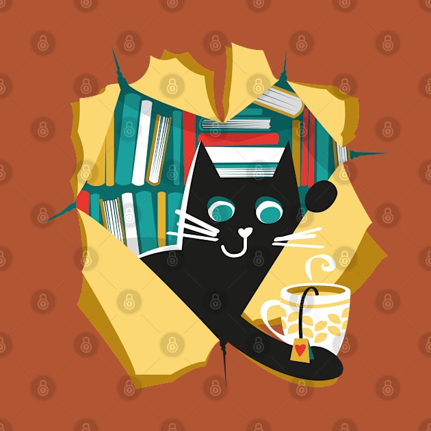 Bookish cat // black cat with tea mug teal neon red white and yellow books by SelmaCardoso