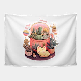 Cute kawaii fluffy cats and plants Tapestry