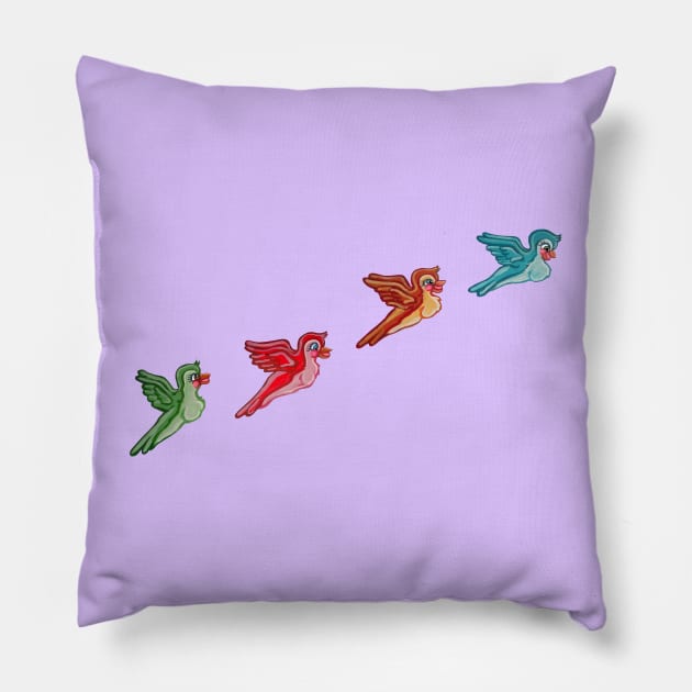 Colorful Spring Cartoon Birds Pillow by Art by Deborah Camp