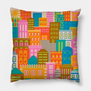 CITY LIGHTS BY DAY Vintage Exotic City Travel Poster - UnBlink Studio by Jackie Tahara Pillow