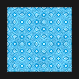 Abstract white waves, rectangles on light blue T-Shirt