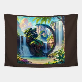 Verdant Jungle Waterfall Illustration with a Hidden Cat Outline Tapestry