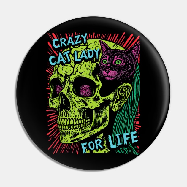 Crazy Cat Lady For Life Goth Punk Grunge Cat With Skull Pin by zwestshops