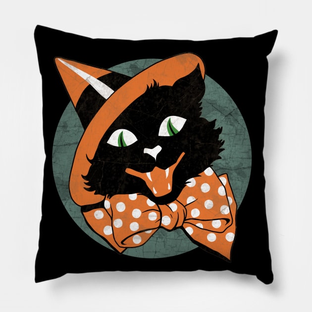 Vintage Halloween Cat -  Spooky Black Cat Pillow by valentinahramov