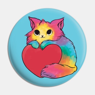 cat in watercolor rainbow colors holding a heart Pin