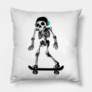 Funny skeleton skateboarder with headphones Pillow