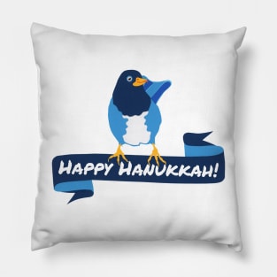 HAPPY HANUKKAH Bird in Blue on Ribbon Banner from Hand Cut Paper Pillow