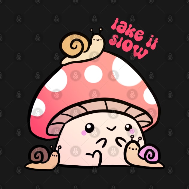 Take it slow a cute mushroom with snails friends by Yarafantasyart
