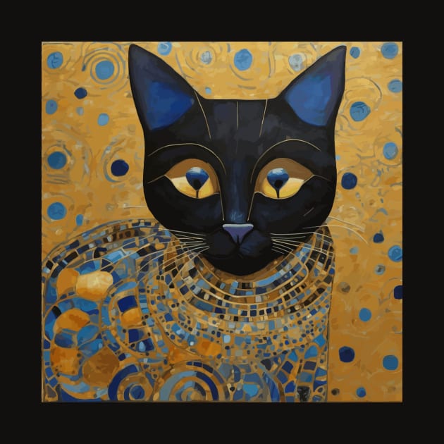 Klimt Black Cat in Elegant Blue and Gold Robe by bragova