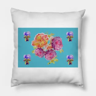 Shabby Chic Pink Rose on Teal Floral Pattern Pillow