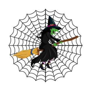 Funny Spider Web Halloween Witch Broom T-Shirt