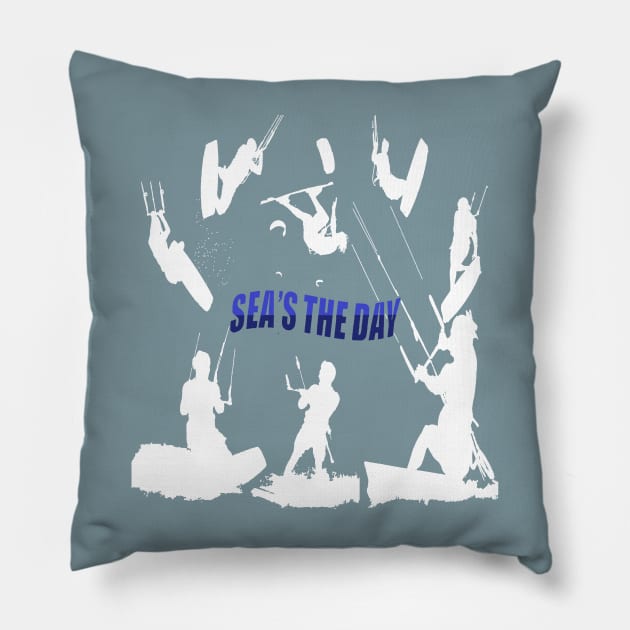 Kitesurfer Pattern White Silhouette Seas The Day Fun Pun 2 Pillow by taiche