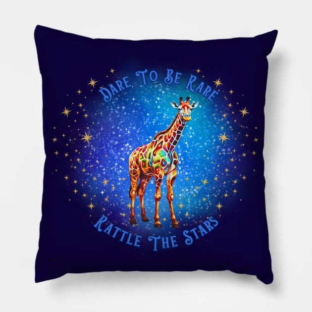 Dare to be Rare, Rattle the Stars Inspirational Giraffe, Neurodivergence Pillow by Nebula Nexus