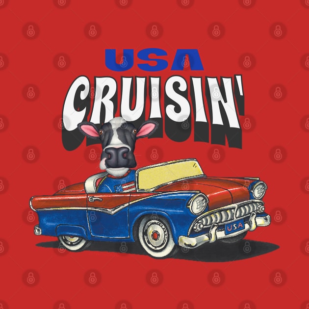 Humor and Funny cute Cow driving a classic car through the USA by Danny Gordon Art