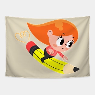 Girl Flying Pencil Tapestry