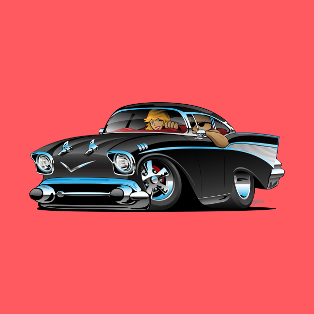 Classic hot rod fifties muscle car with cool couple cartoon by hobrath