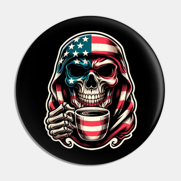 USA Patriotic American Flag Skull Caffeinated Coffee 4th of July  Coffee Lover Pin by Carantined Chao$