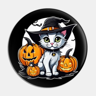 Cute witch cat with pumpkins halloween design Pin