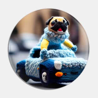 A knitted pug dog driving a woolly convertible car Pin