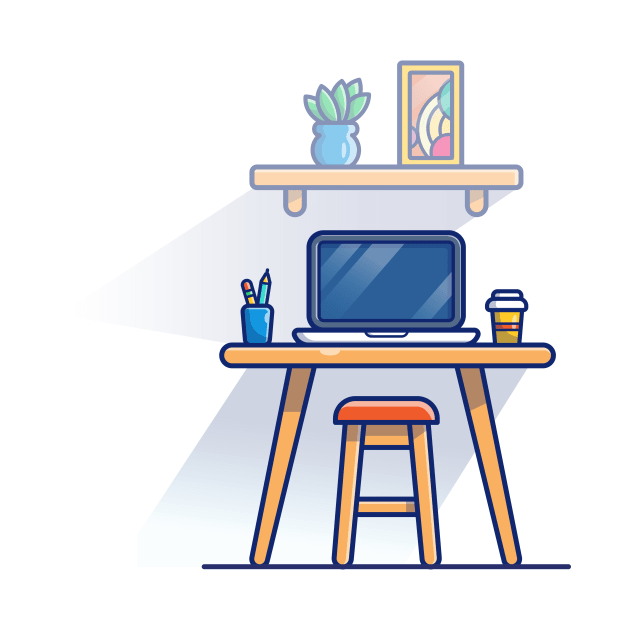 Table, Chair, Laptop, Cup, Stationary, Plant, And Picture Cartoon by Catalyst Labs