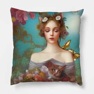 Painting of girl with roses and cat by Ziola Rosa - nature art deco rose Pillow