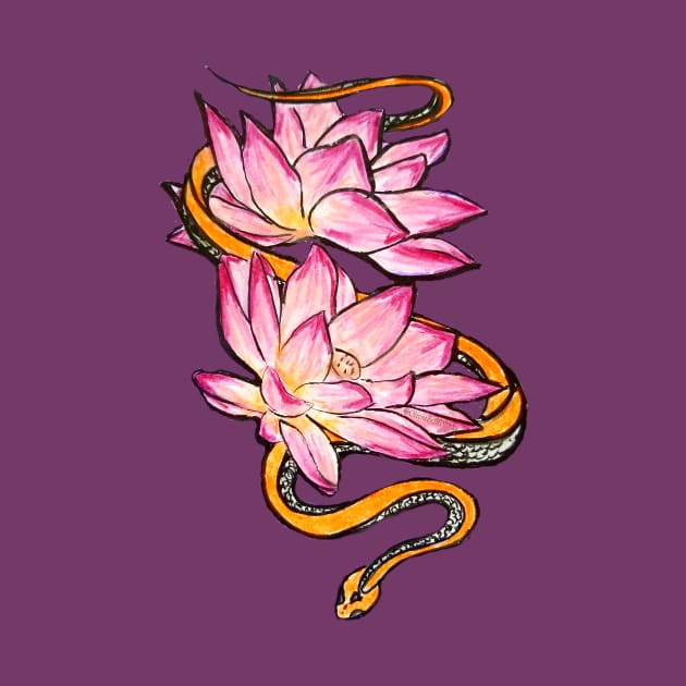 Pink Lotus, Orange Snake by OliviaBethWorks