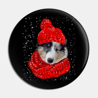 Sheltie Wearing Red Hat And Scarf In Snow Christmas Pin