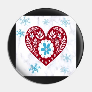 Winter Scandinavian Design, Teal & Red on White Background Cute Simple Nordic Heart and Snowflakes Pin