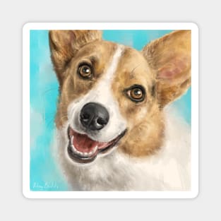 Painting of a Happy Adorable Corgi Dog on Blue Background Magnet