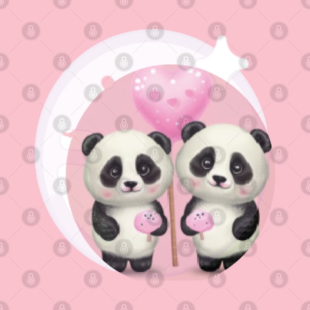 two cute panda graphics with mini eyes hearts pink by TOMOBIRI