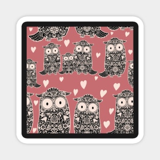 Folk Art Owls, Owlets and Hearts on Rose Pink Magnet