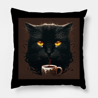 Black Cat Drinking Coffee, Coffee Cat Lover Pillow