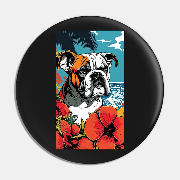 Bulldog Vibrant Tropical Flower Tall Retro Vintage Digital Pop Art Portrait 4 Pin by ArtHouseFlunky