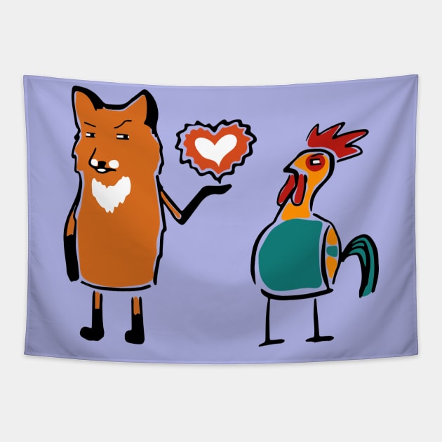 Funny cute Fox & Chicken Love Romantic Heart Gift Tapestry by MIRgallery