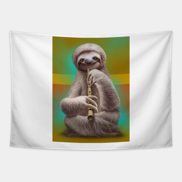 sloth playing flute Tapestry by ADAMLAWLESS