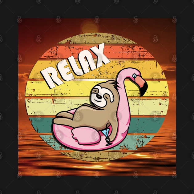 Sloth Funny Graphic Design Retro Relax Sunset Sloths & Flamingo in Sunset Vintage Ocean by tamdevo1