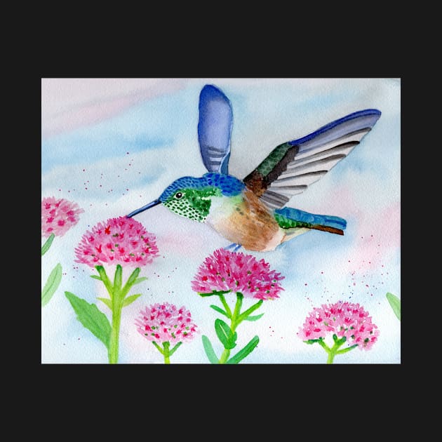 Hummingbird with Flowers in Watercolor by Sandraartist