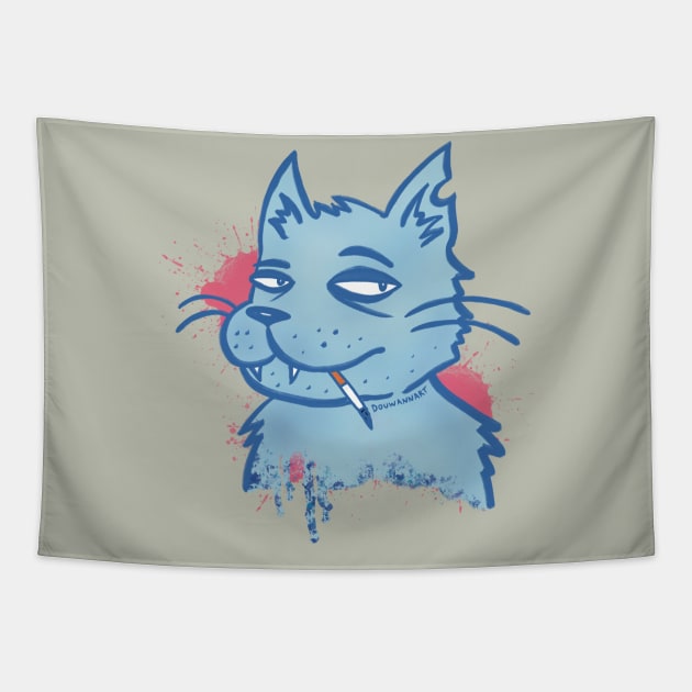 Blue smoking cat Tapestry by Douwannart