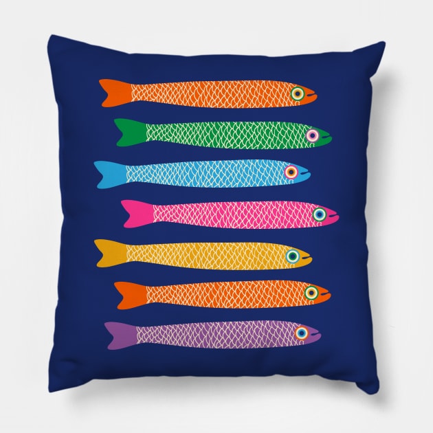 ANCHOVIES Bright Graphic Fun Groovy Fish in Rainbow Colors on Royal Blue - Horizontal Layout - UnBlink Studio by Jackie Tahara Pillow by UnBlink Studio by Jackie Tahara