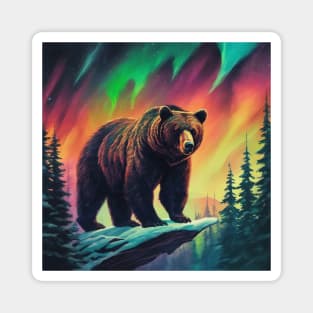 Brown Bear with Forest and Borealis, Colorful, Beautiful Magnet