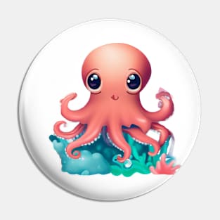 adorable pink octopus with coral reef Pin