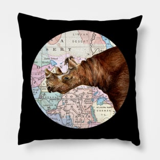 Black Rhino watercolor over 1895 map of Africa Pillow