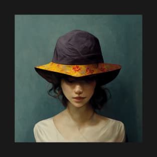 Peeking from beneath the brim, this shy  girl has a wonderful hat. T-Shirt