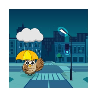 Cute Owl with Umbrella on Rainy Day T-Shirt