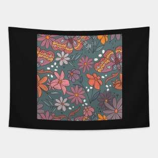 Boho Teal Moth and Flowers Tapestry