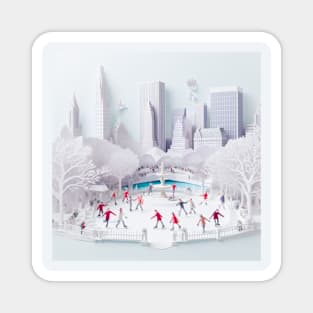 Beautiful Paper Art City Ice Skaters Magnet